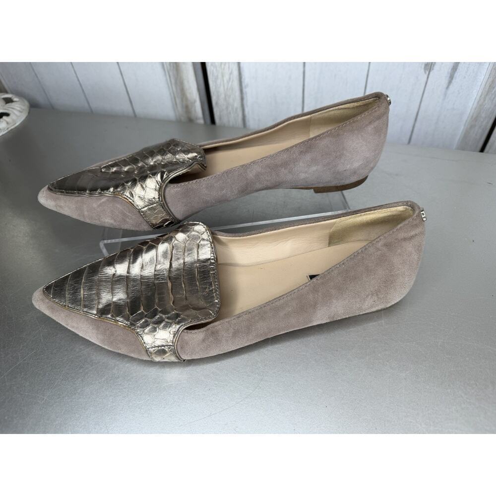 DKNY Leather Snake Print Metallic Pointed Toe Flats Size 8 Taupe Gold